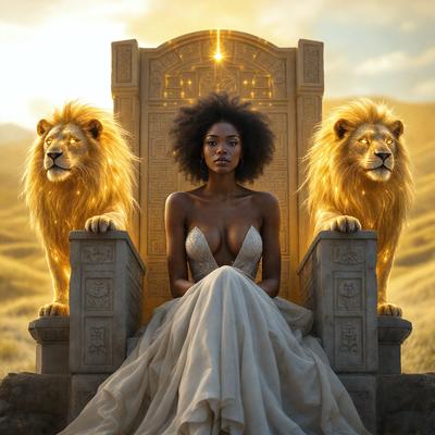 The primary subject of the image is a woman sitting on a chair, which is part of a larger chair-like structure. She is wearing a white dress and appears to be the main focus of the scene. The setting is a field with two lions nearby, one on the left and the other on the right. The visual style of the image is digital art, with the woman and the lions being the main elements of the composition. The colors and mood of the image are predominantly white and neutral, giving it a ser